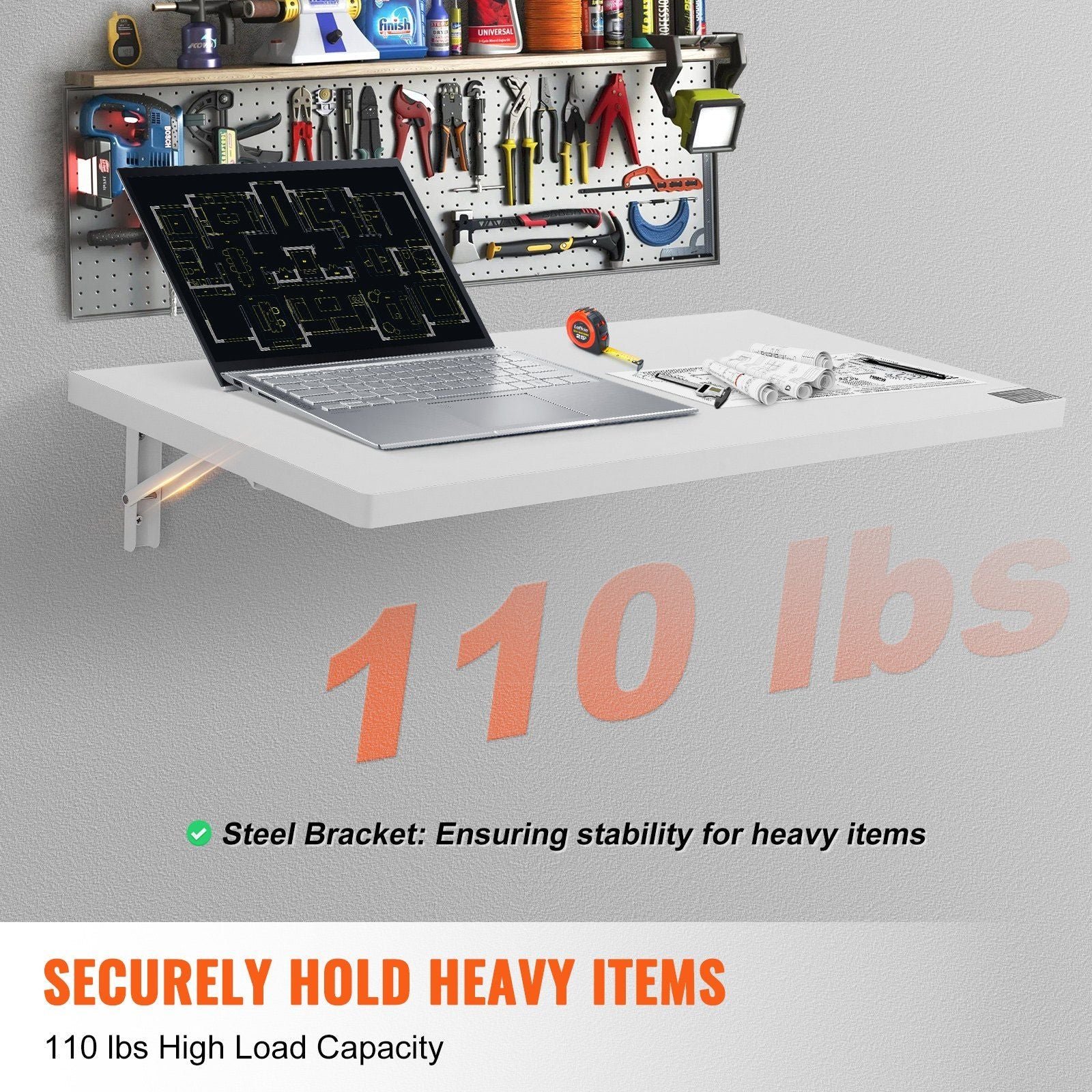 31.5" x 15.75" wall mounted folding table white floating desk iron bracket for small spaces home office dining laundry