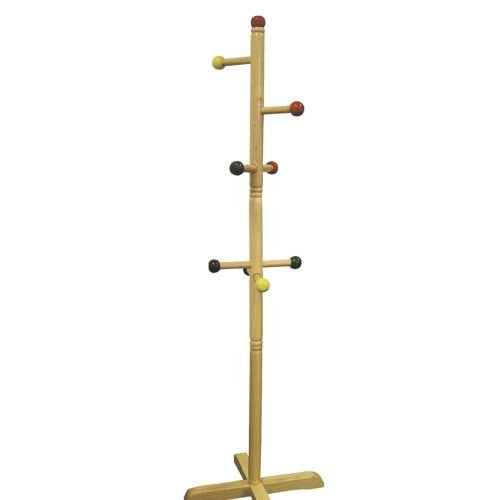 49.5" tall natural finish wooden coat rack for kids 8 colored metal pegs home furniture