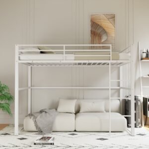 white twin size metal loft bed frame with safety guard rails & flat ladder for kids teens adults
