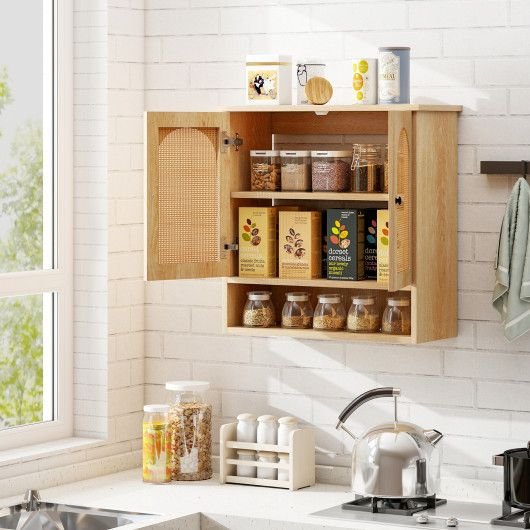 adjustable shelf bathroom wall cabinet with pe rattan doors functional furniture for your bathroom