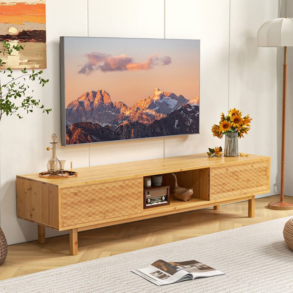 1pc 63 inches mid century modern bamboo tv stand with sliding doors modern tv stand