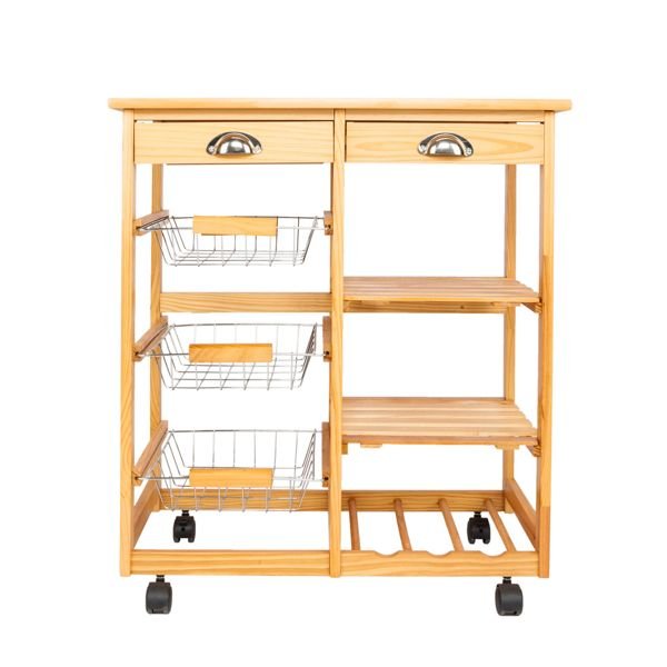 2 drawer wood color kitchen & dining room cart with rolling wheels removable storage rack for islands & carts
