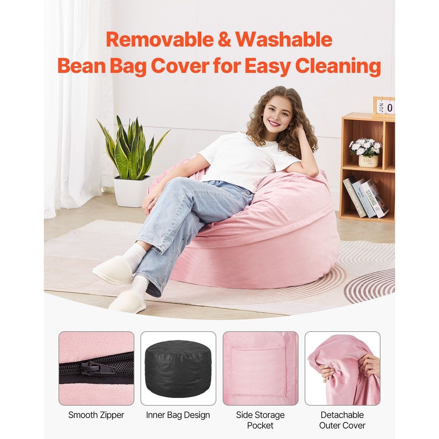 3 feet bean bag chair removable washable cover 25d memory foam soft smooth dutch velvet bean bag sofas for bedroom playroom pink