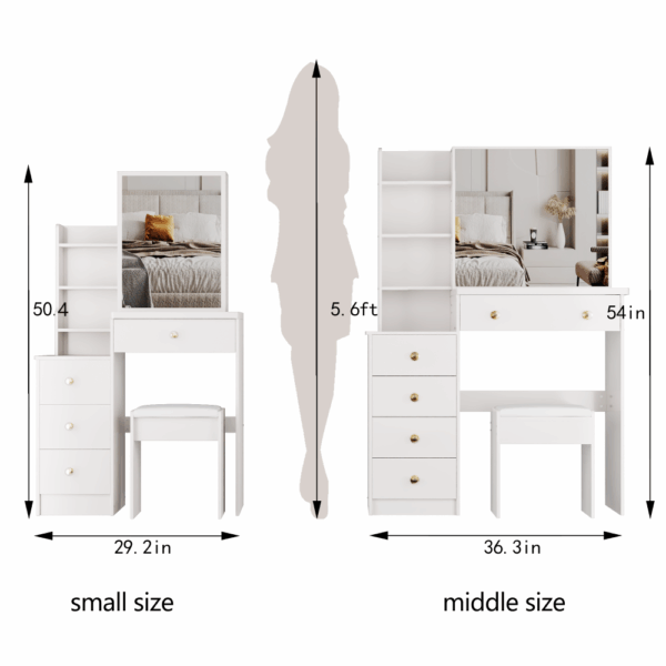 29.2" small space left bedside cabinet vanity table + cushioned stool, extra large right sliding mirror