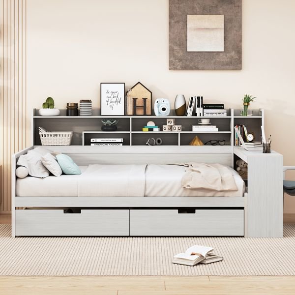 antique white wooden full size daybed with storage shelves and study desk multi functional upholstered bed with two drawers