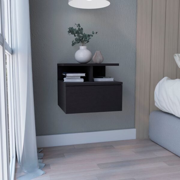 12" black teak solid wood one drawer floating nightstand modern luxury minimalist design foldable for apartment or home use
