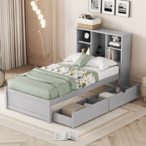 fcj modern twin size bookcase headboard with built in usb port 2 drawers grey finish murphy bed frame