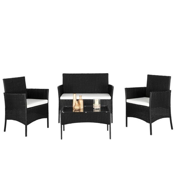 2pcs black rattan arm chairs & 1pc love seat with tempered glass coffee table set for living room