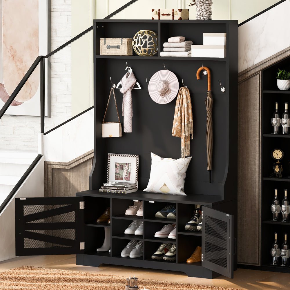 57'' hall tree with 6 hooks, coat hanger, entryway bench, 3 in 1 design, a spacious drawer for entrance, living room