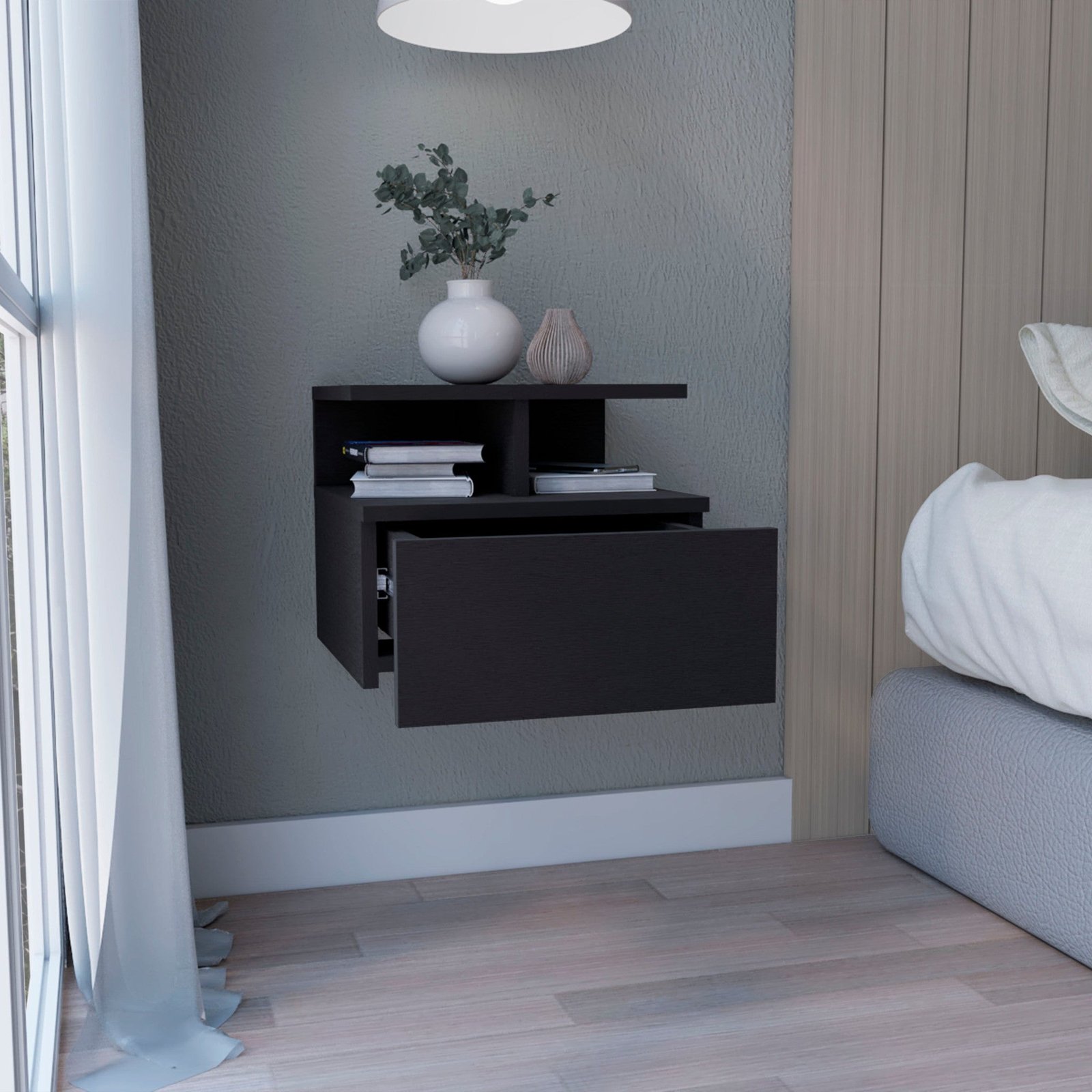 12" black teak solid wood one drawer floating nightstand modern luxury minimalist design foldable for apartment or home use