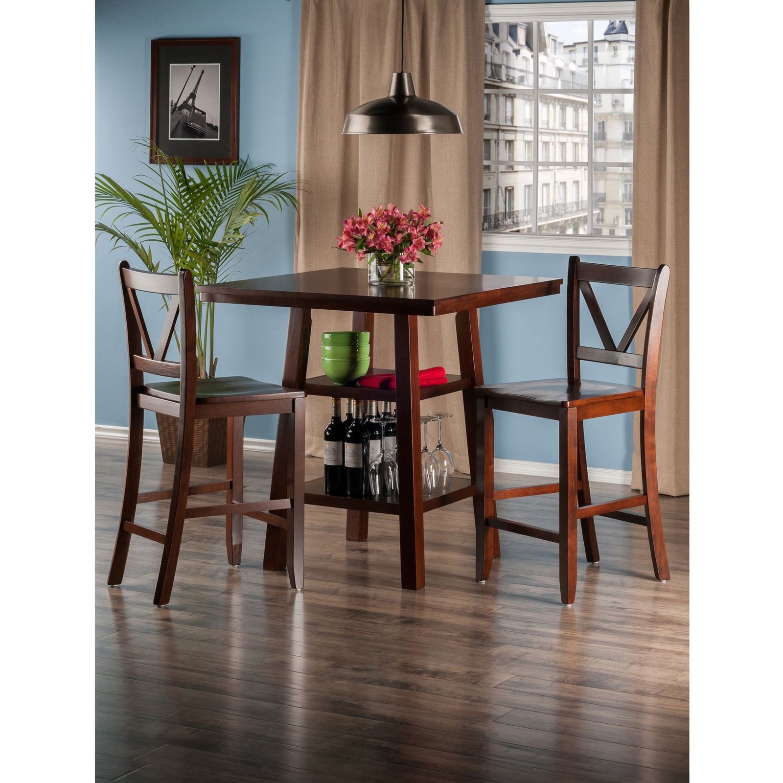 orlando 3 piece dining room furniture set high table with 2 v back counter stools and 2 shelves