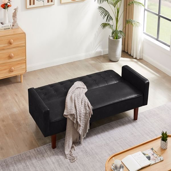 black convertible double folding sofa bed with tufted buttons pu leather removable wooden feet for living room