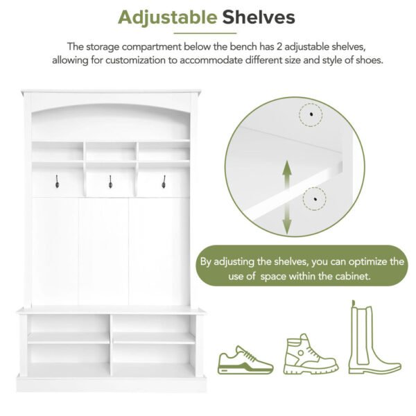 47.2'' wide hall tree with bench and shoe storage, multi functional storage bench with 3 hanging hooks & open storage space