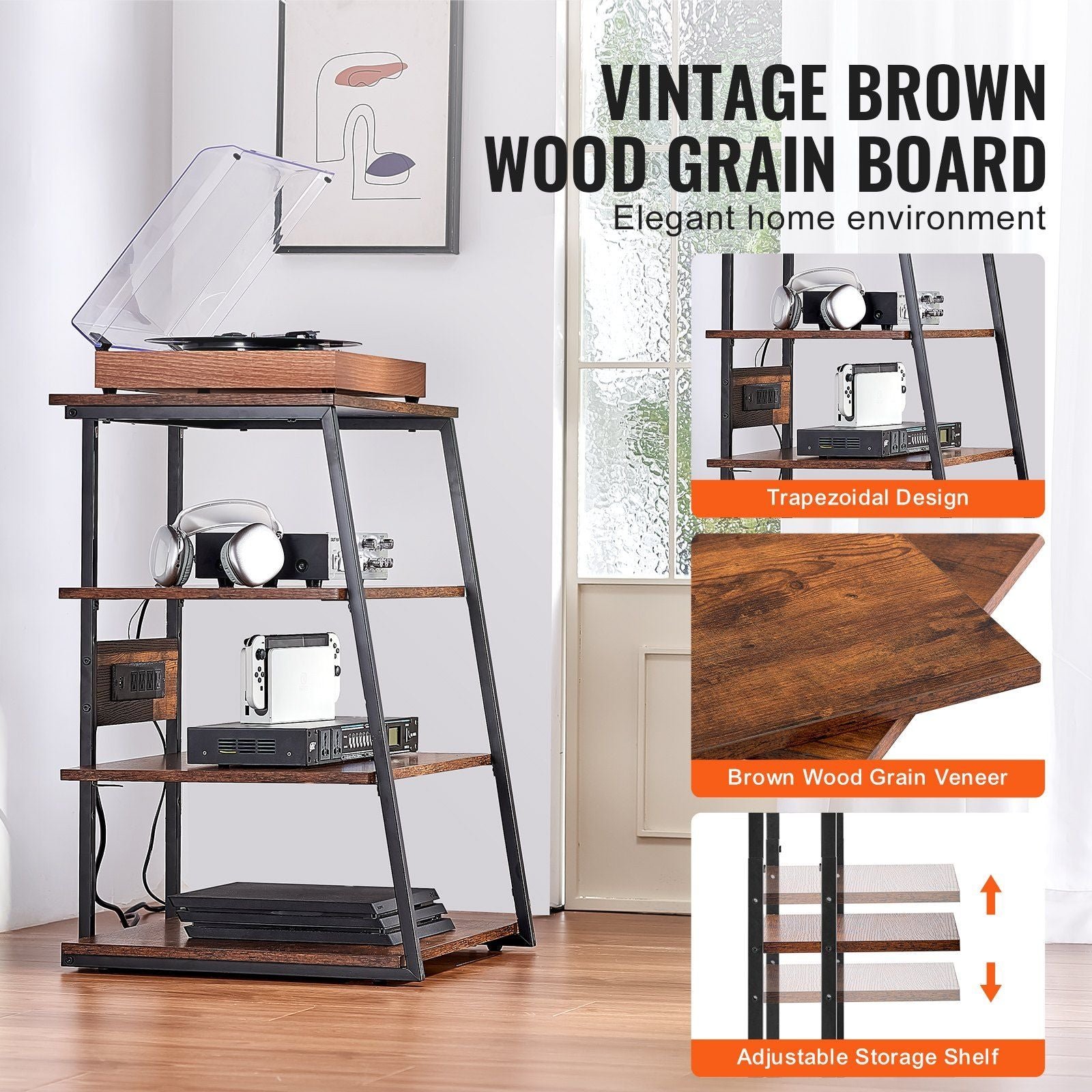 4 tier brown wooden shelves corner tv stand led lights height adjustable av media stand for dvd players cable boxes games