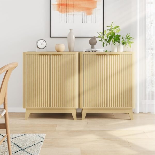 2 door fluted sideboard buffet natural oak aesthetic curved design adjustable shelf entryway console table living room cabinet
