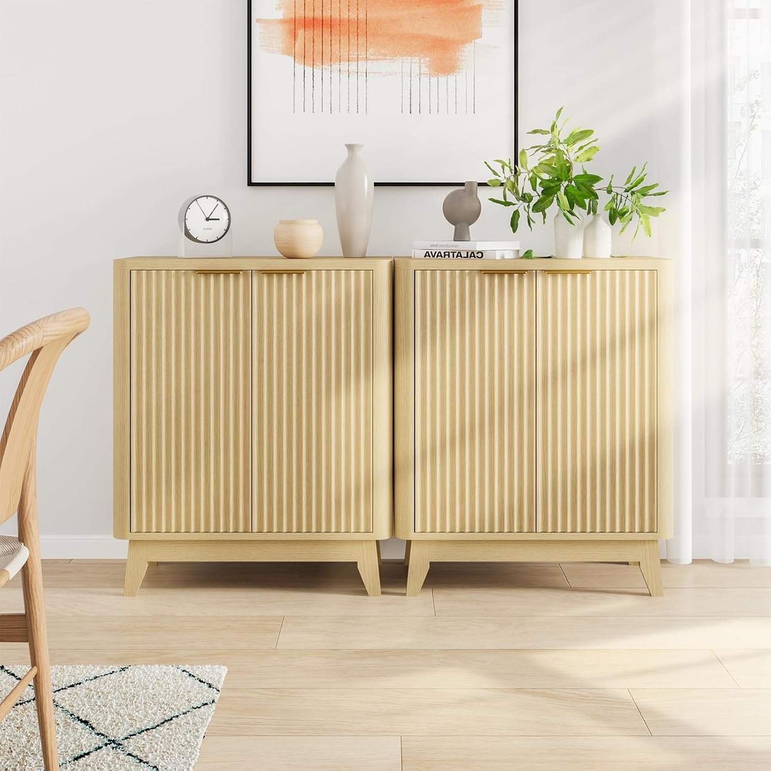 2 door fluted sideboard buffet natural oak aesthetic curved design adjustable shelf entryway console table living room cabinet