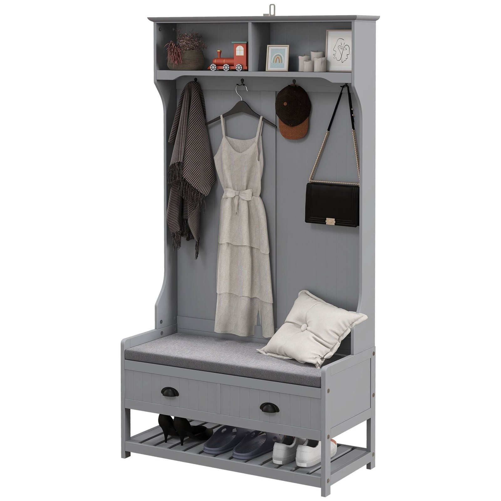 3 in 1 gray hall tree with 2 storage drawers and 4 hooks entryway bench coat rack and mudroom shoe rack with cushions
