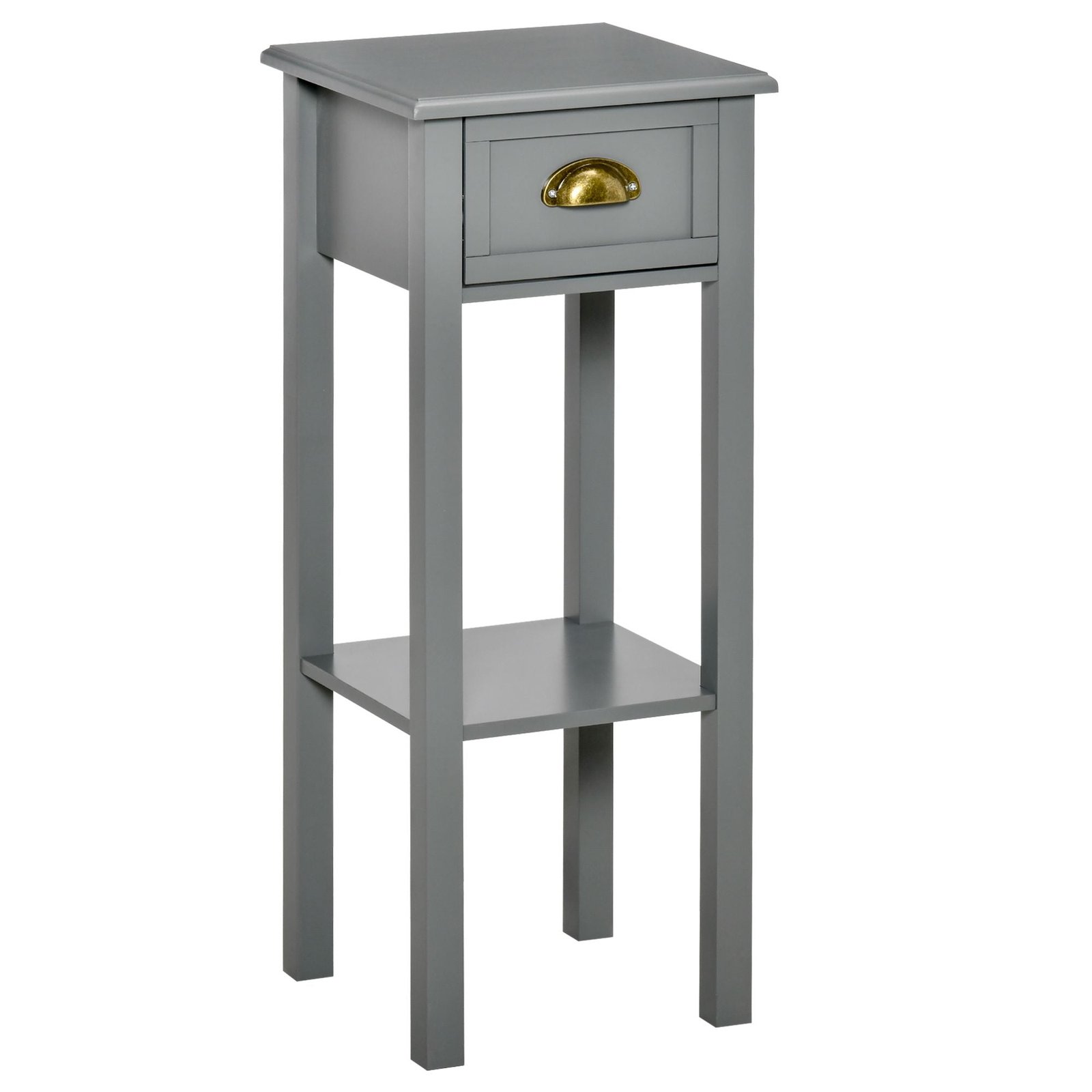 2 tier gray tall side table with drawer bottom shelf narrow accent night stand space saving for living room bedroom