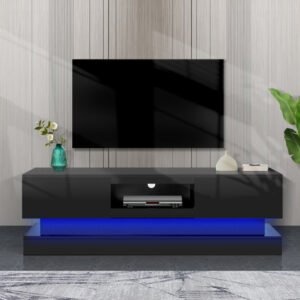 51.18inch black morden tv stand with led lights,high glossy front tv cabinet