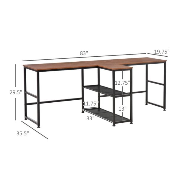 83'' two person dark walnut office desk with storage shelves large computer study writing table for home or office