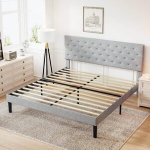 simple queen size grey bed frame, adjustable headboard