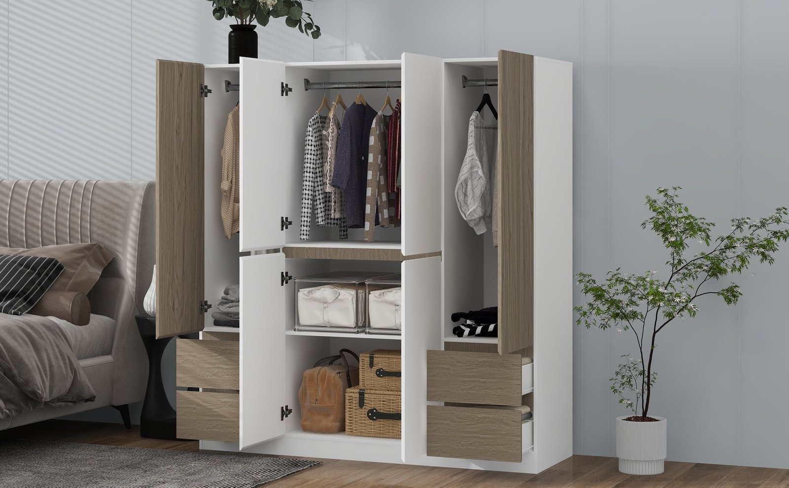 6 doors wooden wardrobe storage for bedroom,with 4 drawers,white+nature