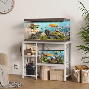 40 50 gallon fish tank stand with power outlet & led light, metal aquarium stand, white