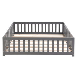 twin size floor bed with door,solid wood platform bed frame with fence,suitable for children,pine wood,gray