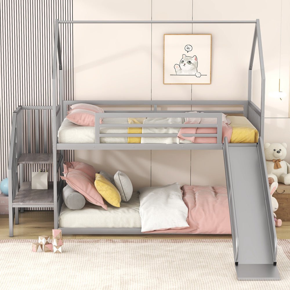 twin over twin metal bunk bed house bed with slide and staircase