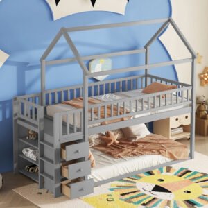 twin/twin house bunk bed with shelves and drawers for grey color