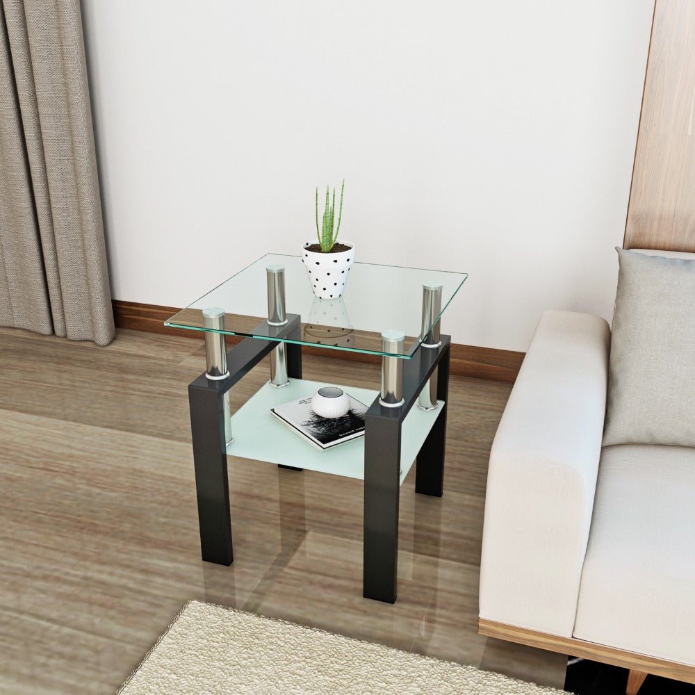 1 piece modern tempered glass tea table coffee table end table, square table for living room, transparent/black