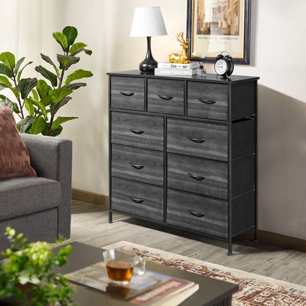 9 drawers 6 large 3 small non woven storage cabinets black wood grain cationic cloth surface iron frame 100*30*100cm living room