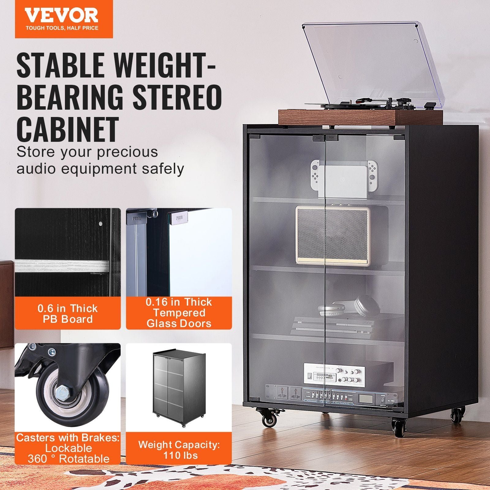 5 tier av media stand wheels black wooden audio video storage cabinet for dvd players cable boxes games consoles