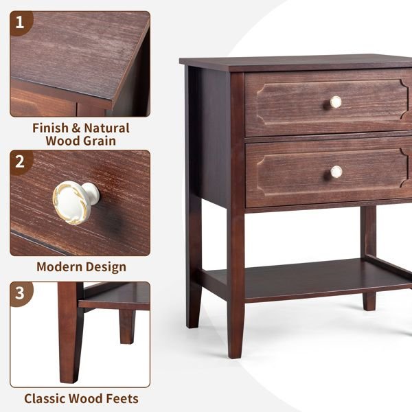 2 drawer wood nightstand end side table for bedroom & living room