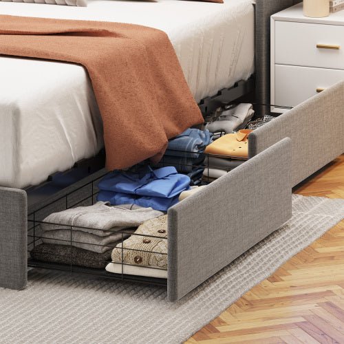 fcj light grey full size platform bed frame with led and 4 under bed storage drawers soft headboard design with wings