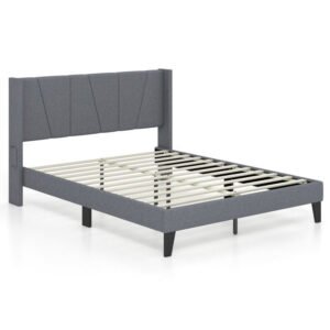 full/queen size upholstered bed frame with wingback headboard and wood slat support