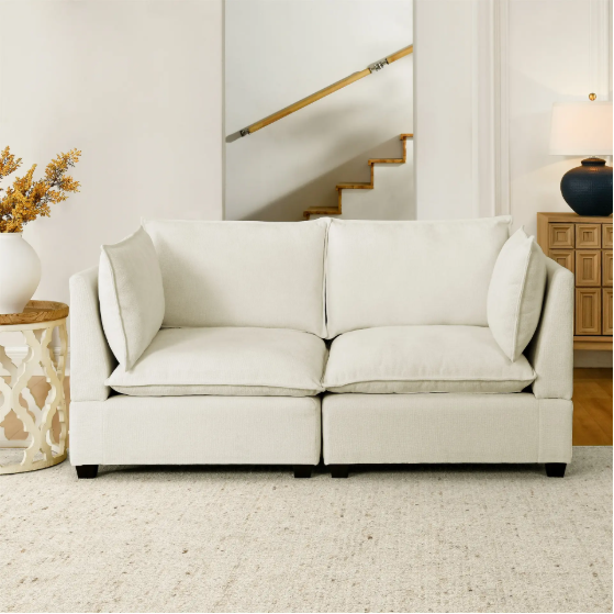 modern comfy chenille upholstered 2 seat sofa 2 lumbar pillows deep seat sleeper for living room office studio beige white color