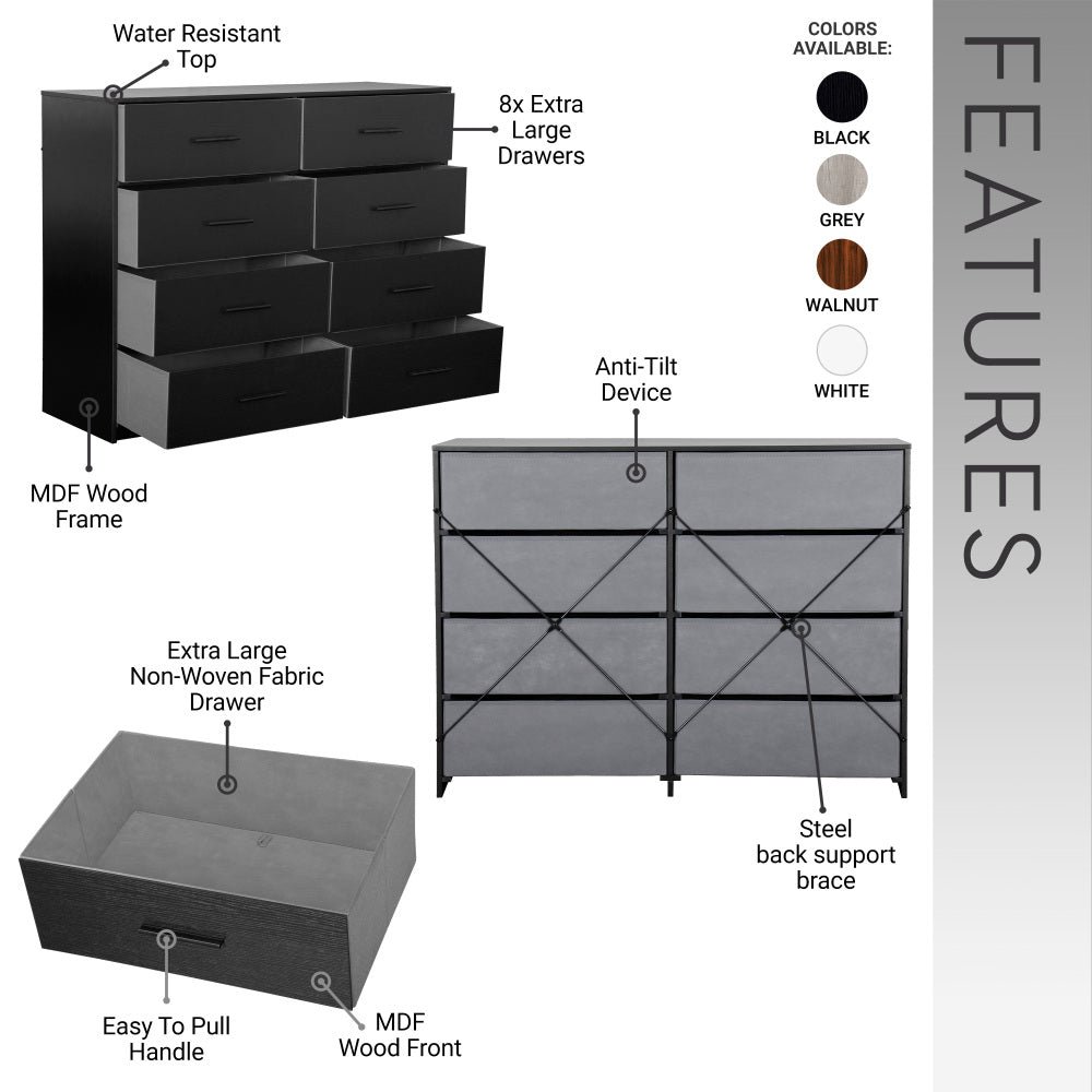 8 drawer dresser with large fabric drawers, black