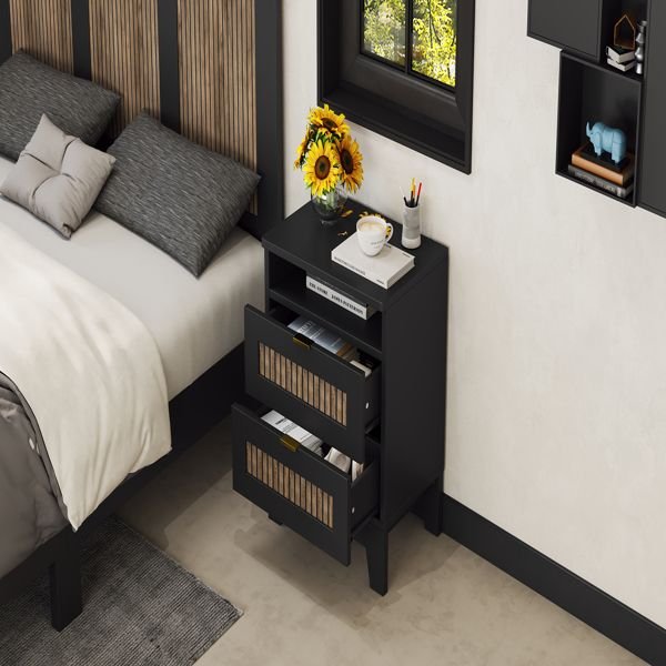 2 drawer black farmhouse nightstand with wooden strip decoration metal handle wood side table for bedroom storage cabinet