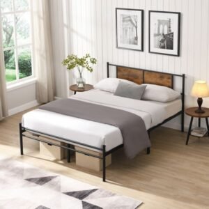 queen size metal bedframe with wood panel headboard black decorative element