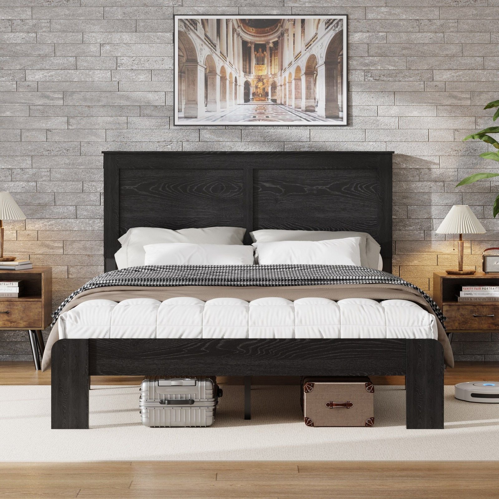 dark black queen size wood platform bed frame with large storage easy assembly noise free no box spring needed for murphy beds