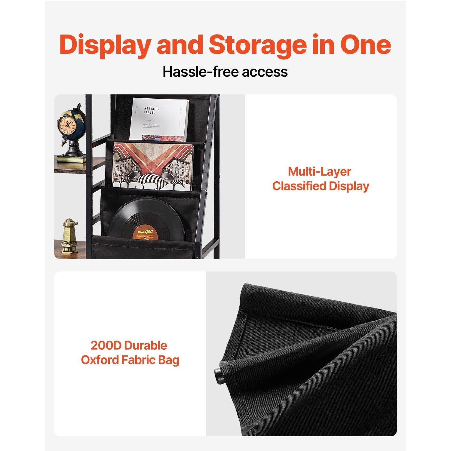 3 tiers black metal record player stand with led light & usb ports vinyl cd racks