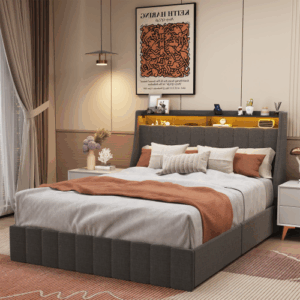fcj full size king size platform bed frame with led soft wings headboard design 4 under bed portable storage drawers