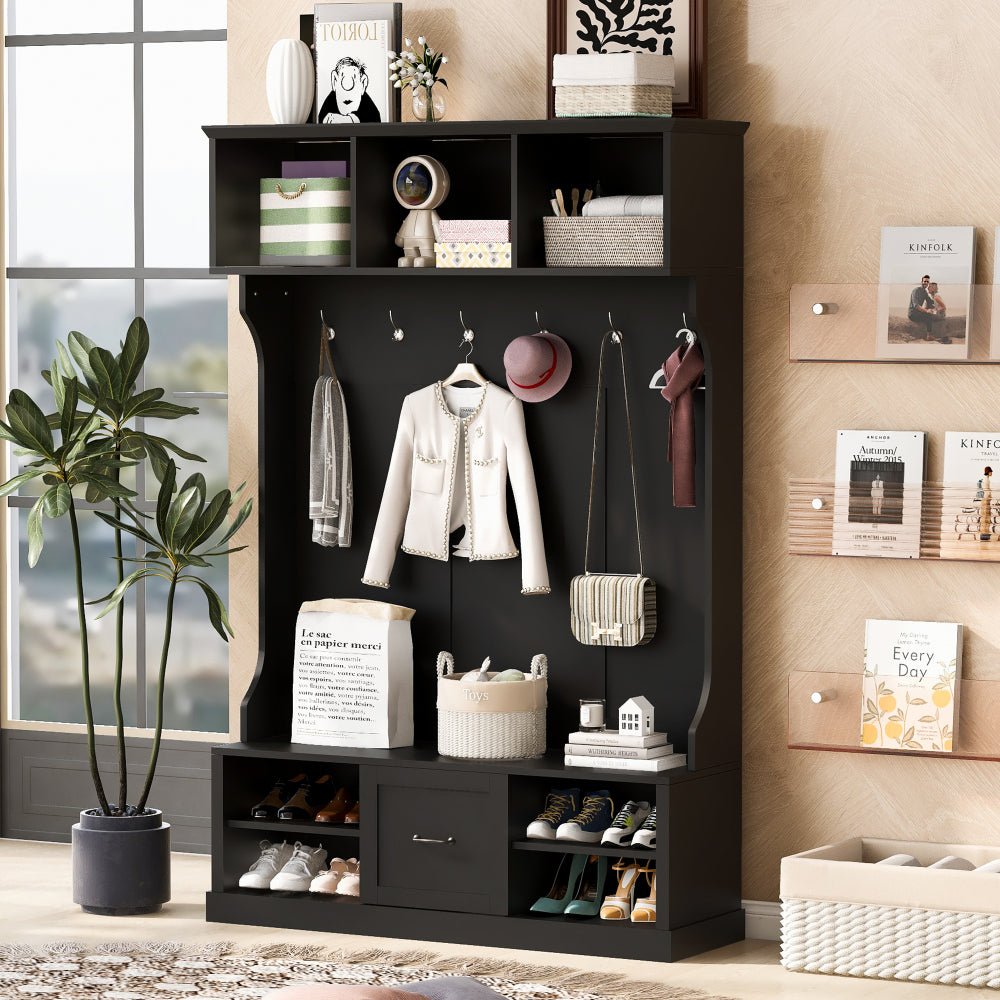 57'' hall tree with 6 hooks, coat hanger, entryway bench, 3 in 1 design, a spacious drawer for entrance, living room