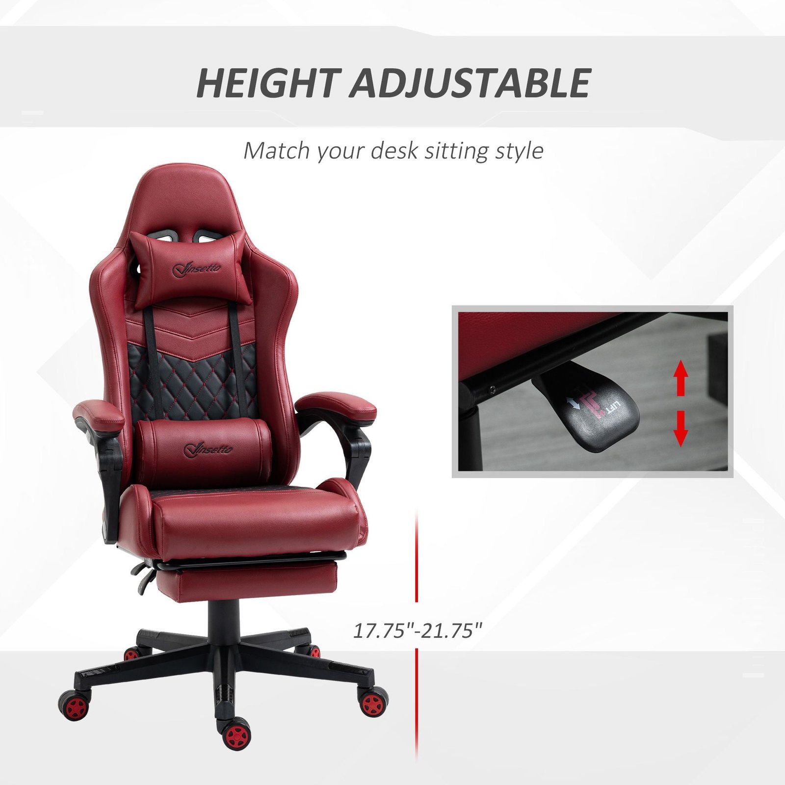 adjustable height gaming chair with lumbar support red pu leather swivel and reclining feature