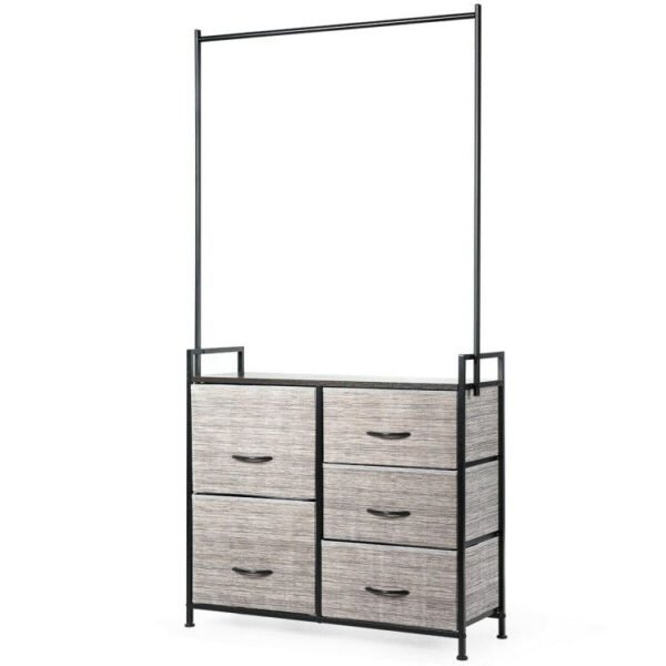 5 fabric drawers dresser with metal frame and wooden top
