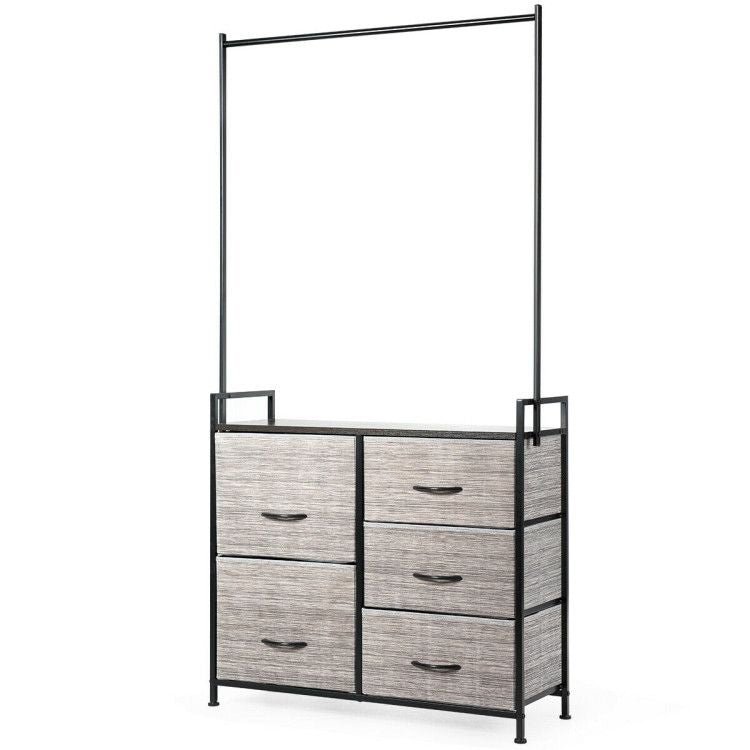 5 fabric drawers dresser with metal frame and wooden top