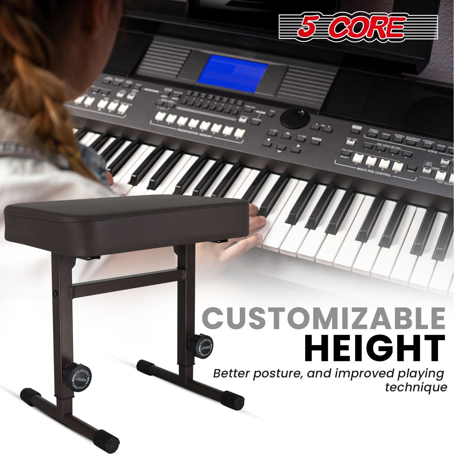 17 22 inch height adjustable kbb h adj br keyboard chair 5 core t style brown thick padded pu leather cushion seat piano stool