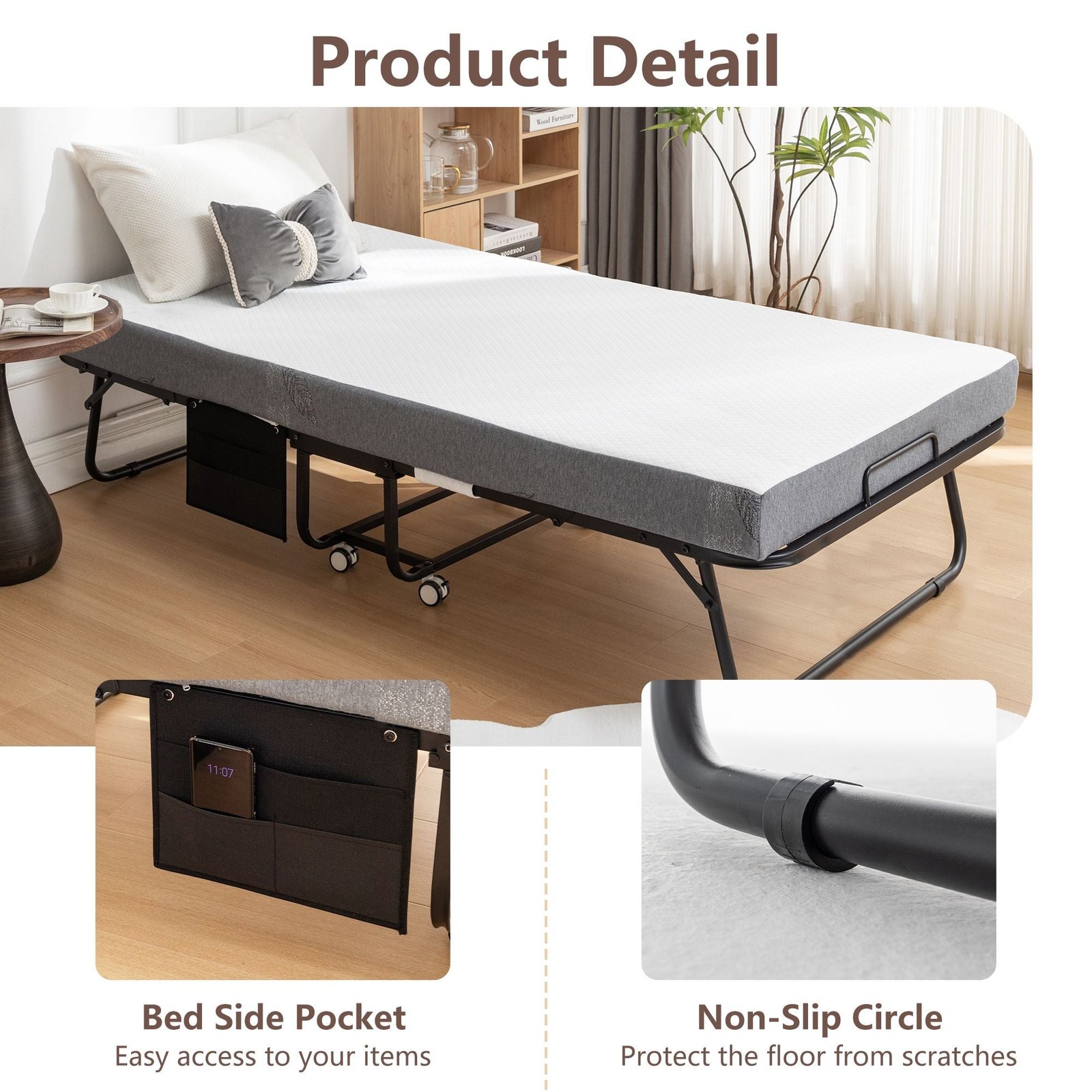 portable 75 in. x 38 in. folding metal frame rollaway bed with memory foam mattress & wheels 38 in. x 75 in.