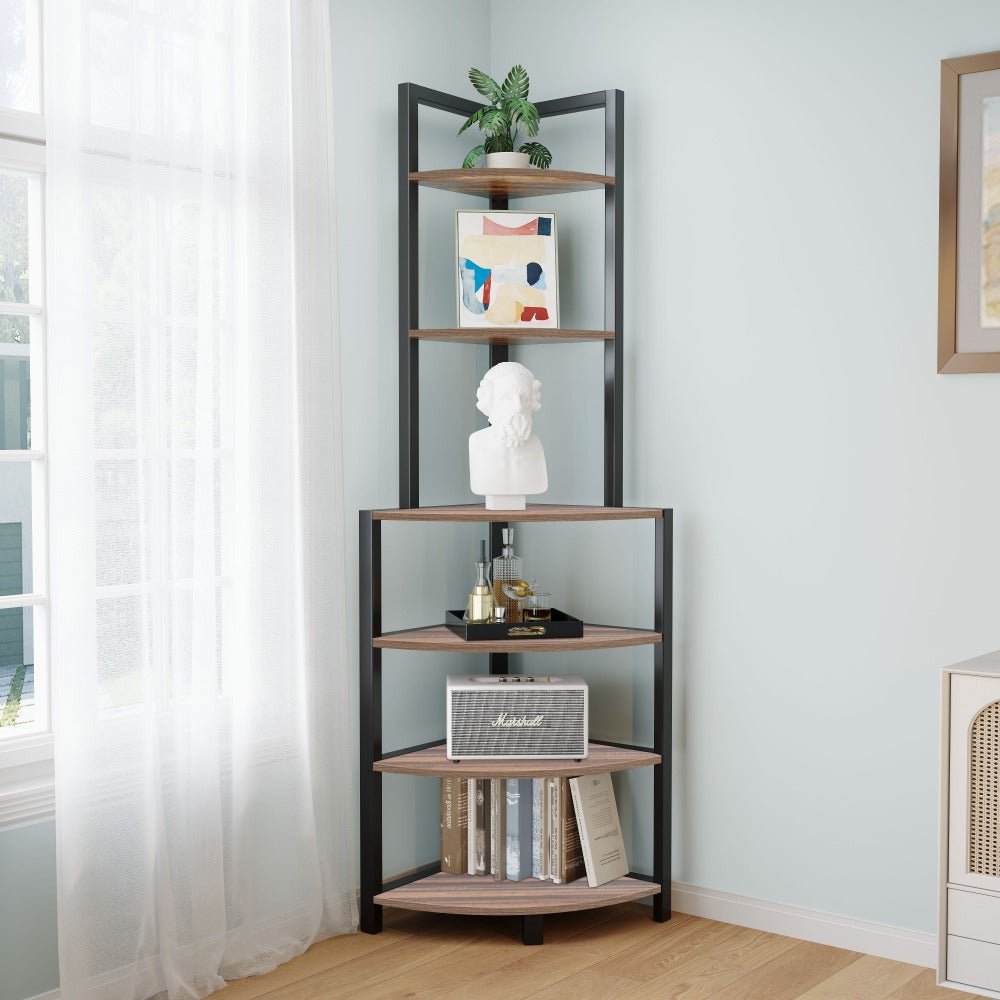 6 tier corner open shelf modern bookcase wood rack freestanding shelving unit,plant album trinket sturdy stand small bookshelf